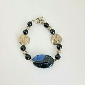 Blue & Black Natural stone Glass Bead Memory Bracelet Toggle Silver Tone